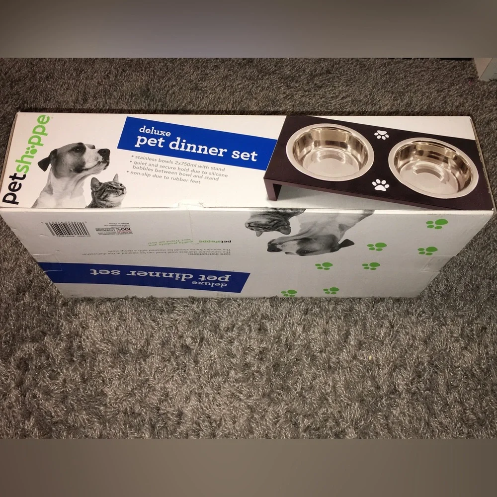 Petshoppe Pet Dinner Set Stainless Steel Bowls Elevated Black Wood Frame Dog Cat